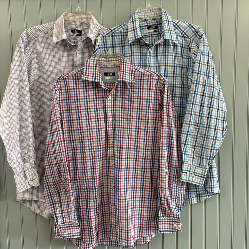IZOD Casual Button Down Shirts L Blue Red Purple Plaid Bundle Size Medium